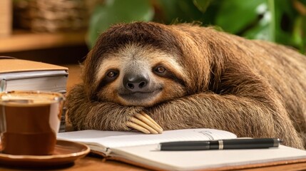Fototapeta premium Sloth relaxing with coffee on wooden table