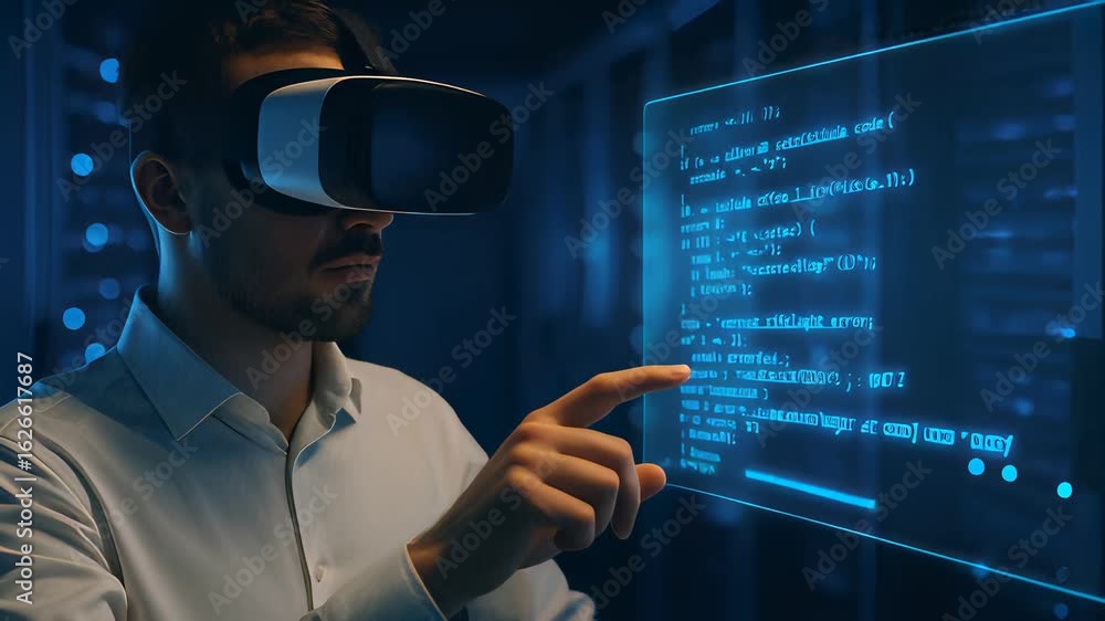 Poster man interacts with virtual reality technology in a high-tech environment