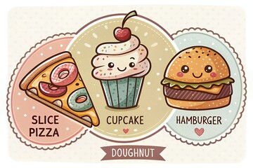 Cute kawaii style food illustration featuring pizza cupcake and hamburger with cherry