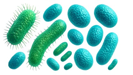 3D Rendering of Colorful Bacteria Strains on White Background