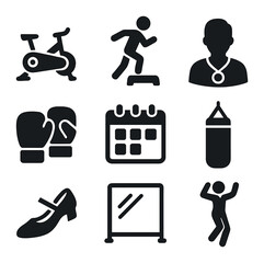 Group Fitness Icons. Solid, filled icons set of group fitness classes: spinning bike, aerobic stepper,