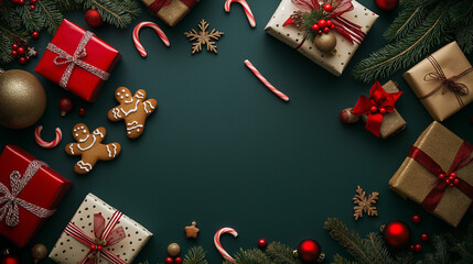 3D Merry Christmas luxury banner over green background scenery. Happy new year holiday realistic greeting card with gold gift box, decorations, red balls, pine leaves, garland lights a