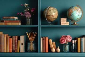 Vintage globes, books, pencils, and flowers adorn stylish teal blue bookshelf within a quaint interior