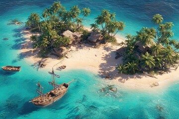 Aerial view of a tropical island with a small village and a ship