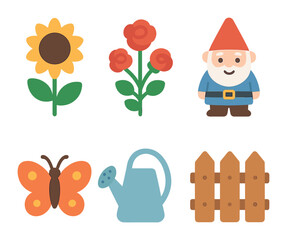 Fototapeta premium Children's Garden Icons. Flat vector mini-illustrations Backyard garden in full bloom in colors children's