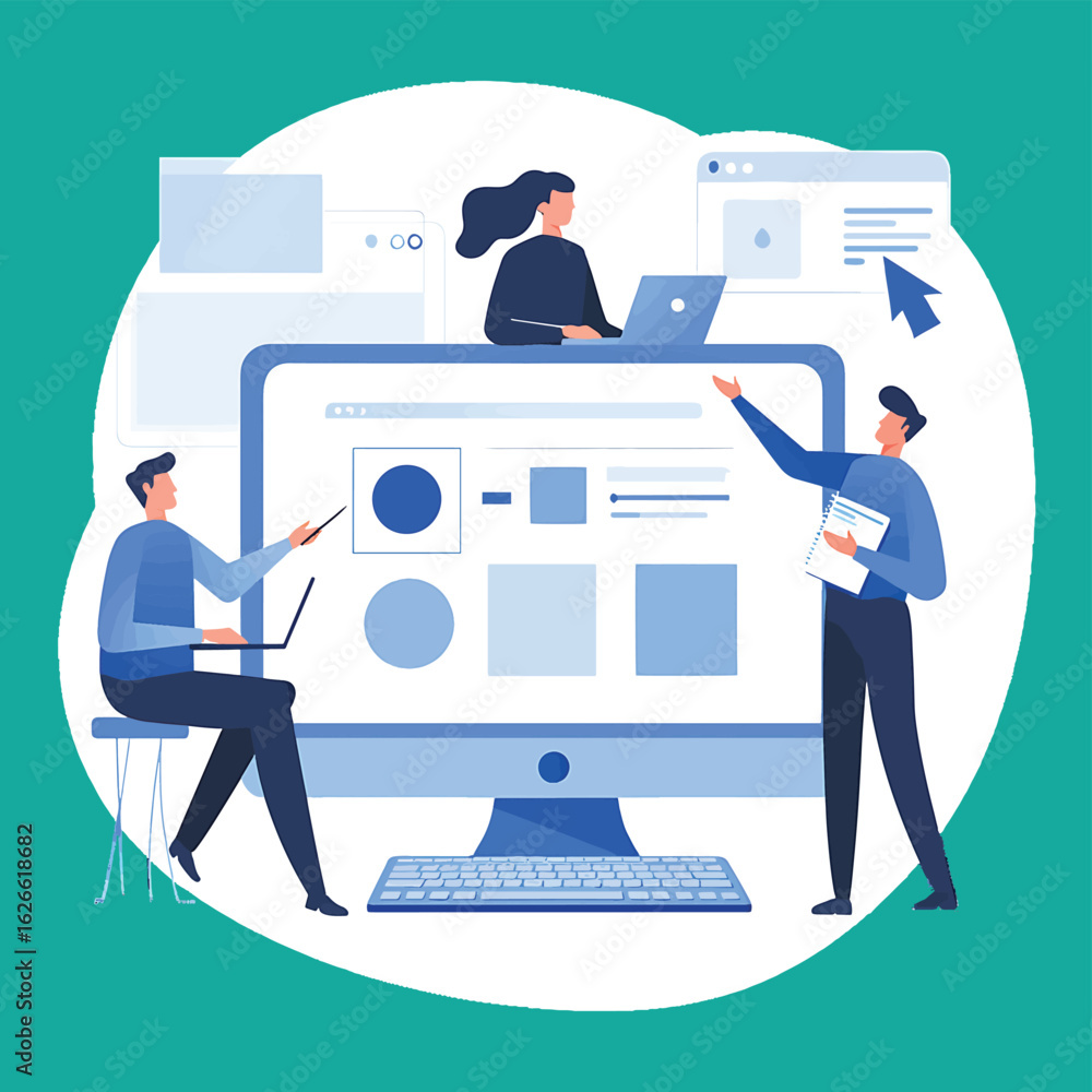 Poster vector illustration of a business team working on web development and ui design project