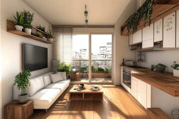 Fototapeta premium Modern urban living room with balcony view and greenery during daytime
