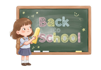 Adorable Girl Student Holding Large Yellow Chalk Back to School Illustration.