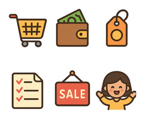 Colorful Shopping Icons. Flat vector mini-illustrations Shopping habits in colors children's illustrations: