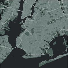 Map of Brooklyn in New York in a smooth dark style. Contains layered vector with roads water, parks, etc.