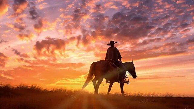 Silhouette of a gaucho cowboy riding a Criollo horse at sunset in the pampas. Brazilian Criollo horse breed