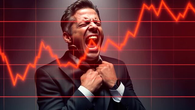 Businessman's Panic as Stock Market Crashes, Dramatic Financial Downfall.