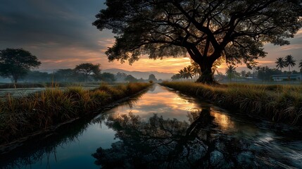 Mangosteen tree reflection irrigation ditch nature scene