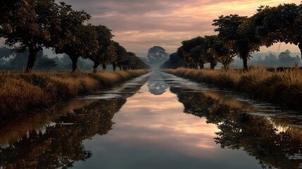 Mangosteen trees reflecting in irrigation ditch