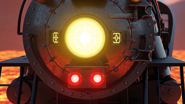 Close-up of a Steampunk Train Engine with Glowing Headlight and Lights