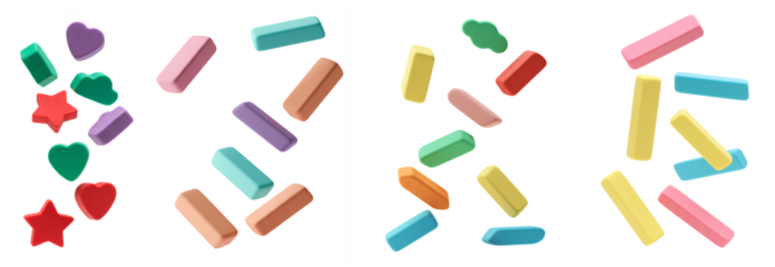 Colorful school erasers set PNG. Colored erasers falling down for back to school concept PNG. Colored eraser for school and outdoors activities flying isolated. Pencil eraser school supply PNG
