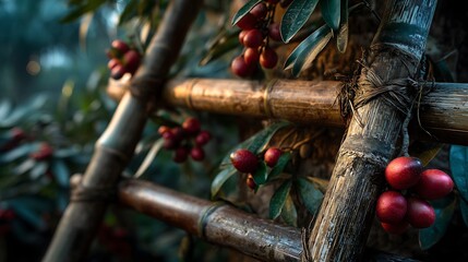 Harvesting mangosteen from tree with bamboo ladder