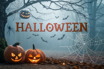 Spooky halloween night scene with glowing jack o lanterns and bats flying under a full moon