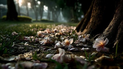 Fallen mangosteen petals on grassy floor