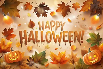 Spooky and festive happy halloween message surrounded by glowing pumpkins and autumn leaves