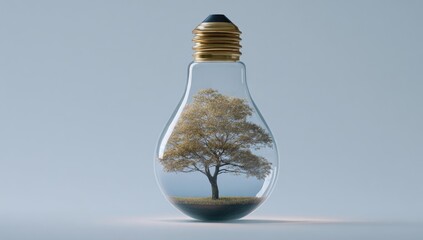 A transparent lightbulb, seemingly containing a small tree, sits on a light gray background