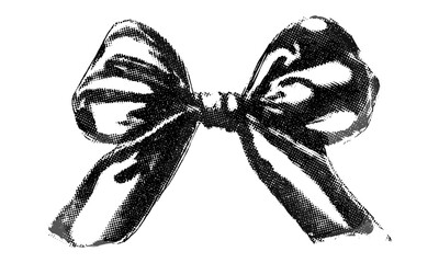 Vector grainy photocopy bow ribbon with halftone stipple effect, punk y2k grunge collage design, vintage dotted retro banner style, experimental punk gothic bitmap illustration