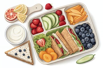 Healthy and delicious bento box lunch with sandwich fruits vegetables and yogurt for kids