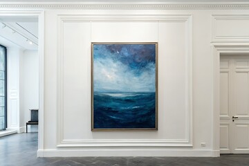 Abstract seascape painting with deep blues and textured brushstrokes displayed on a white wall