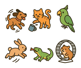 Playful Pet Antics. Flat vector mini-illustrations Playful pet antics in colors children's illustrations: dog