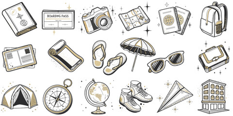 Travel essentials including maps, camera, backpack, and sunglasses  