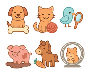 Fototapeta premium Favorite Things Animals. Flat vector mini-illustrations Animals and their favorite things in colors children's