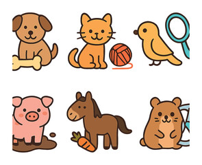 Fototapeta premium Favorite Things Animals. Flat vector mini-illustrations Animals and their favorite things in colors children's