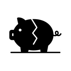 Cracked piggy bank in solid style symbolizing broken savings
