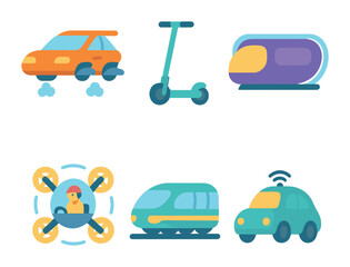 Futuristic Transport Icons. Flat vector mini-illustrations Futuristic transportation concepts in colors