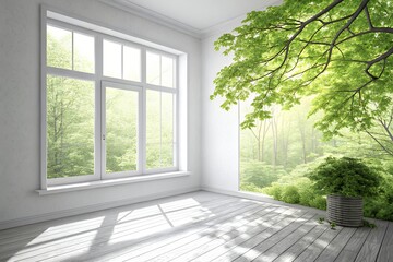 Bright sunlit room with large window overlooking lush green forest and leafy tree branches