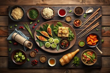Overhead view of a beautifully arranged asian meal with various dishes and ingredients on a wooden table