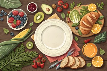 Overhead view of a delicious and healthy breakfast spread with fresh fruits vegetables and pastry