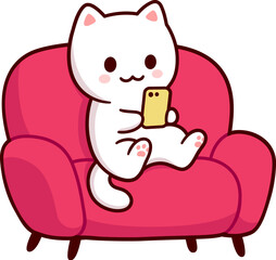 Cute cartoon cat character sitting on sofa with a phone. Texting, using internet or scrolling social media. Funny vector clip art illustration.