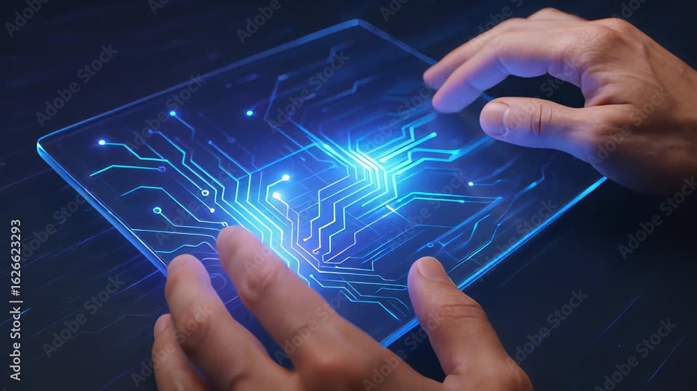Poster closeup of hands interacting with glowing technology display in a dimly lit environment