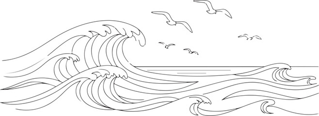 Black and white ocean wave illustration with flying birds, vector graphic design element © Video