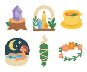Nature Rituals Icons. Flat vector mini-illustrations Nature healing rituals in colors children's illustrations
