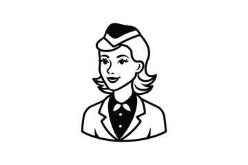 Fototapeta premium Retro styled illustration of a smiling female flight attendant in uniform with hat and scarf presented as a black and white silhouette