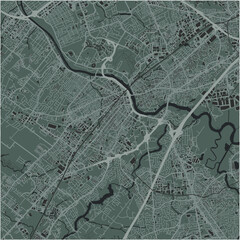 Map of New Brunswick in New Jersey in a smooth dark style. Contains layered vector with roads water, parks, etc.