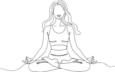 Woman meditating in lotus pose, line art illustration, minimalist style, black and white.