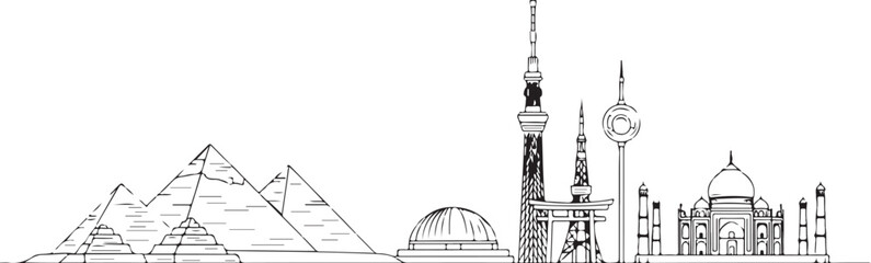 Black and white illustration of famous world landmarks, vector design
