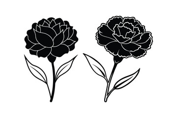Two detailed black floral silhouettes of blooming carnation flowers with stems and leaves against a white background elegant botanical illustration silhouette