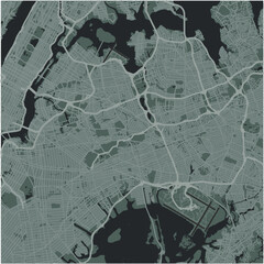 Map of Queens in New York in a smooth dark style. Contains layered vector with roads water, parks, etc.