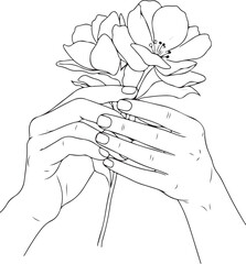 Line art illustration of hands gently holding a delicate flower.