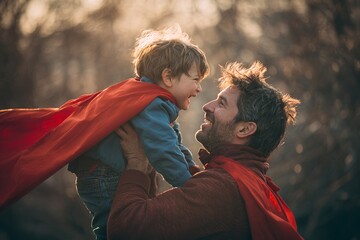 A dad in a red superhero cape lifts his laughing son into the air, capturing a joyful and emotional family moment in warm lighting.


