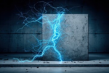 A large, gray concrete cube is struck by a powerful, blue electrical discharge